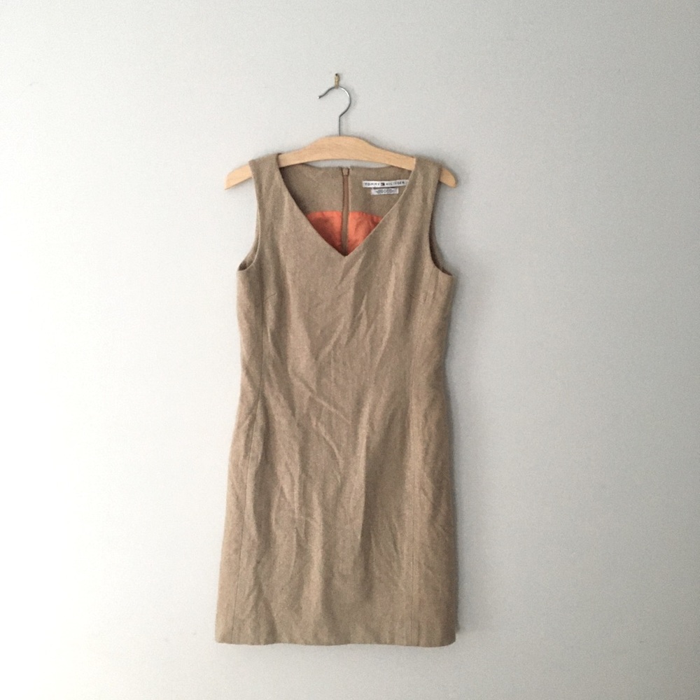 Herringbone Wool Dress | V-Neck + Orange Lining